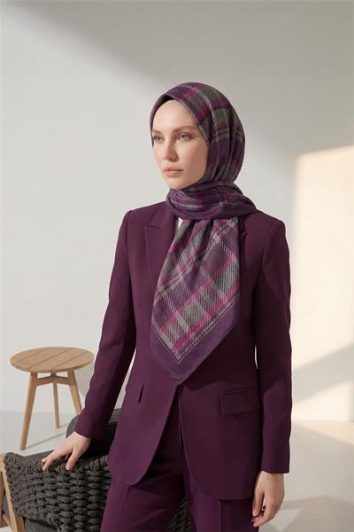 Viskon Velora Eşarp Dört Mevsim Ekose Desen Mor 90x90