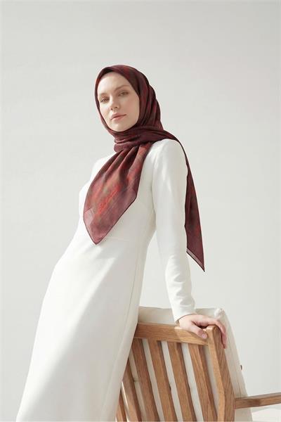 Viskon Velora Eşarp Dört Mevsim Ekose Desen Bordo 90x90