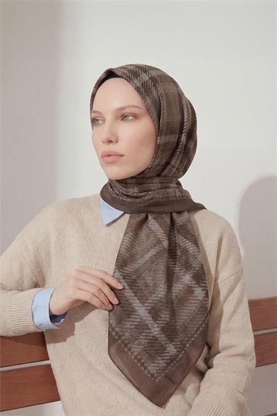 Viskon Velora Eşarp Dört Mevsim Ekose Desen Kahverengi 90x90