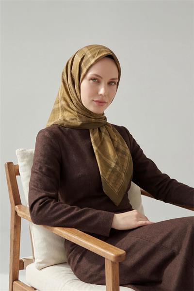 Viskon Velora Eşarp Dört Mevsim Ekose Desen Hardal 90x90