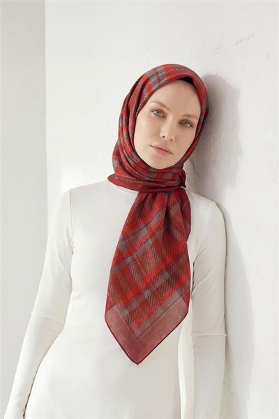 Viskon Velora Eşarp Dört Mevsim Ekose Desen Koyu Kırmızı 90x90