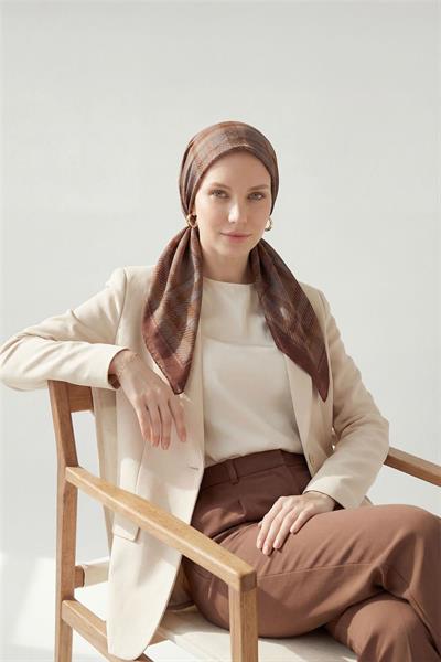 Viskon Velora Eşarp Dört Mevsim Ekose Desen Kahve Bordo 90x90