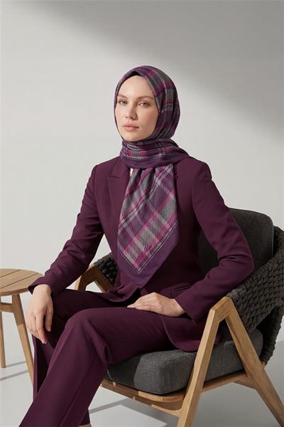 Viskon Velora Eşarp Dört Mevsim Ekose Desen Mor 90x90