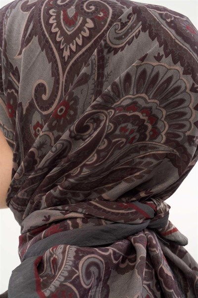 Viskon Velora Eşarp Dört Mevsim Etro Desen Koyu Gri 90X90