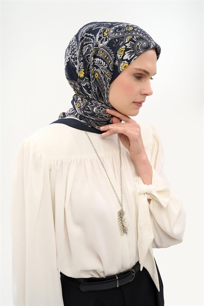 Viskon Velora Eşarp Dört Mevsim Etro Desen Koyu Siyah 90X90