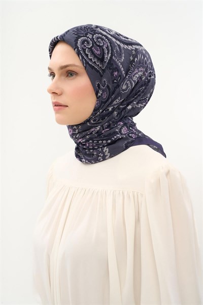 Viskon Velora Eşarp Dört Mevsim Etro Desen Koyu Mor 90X90