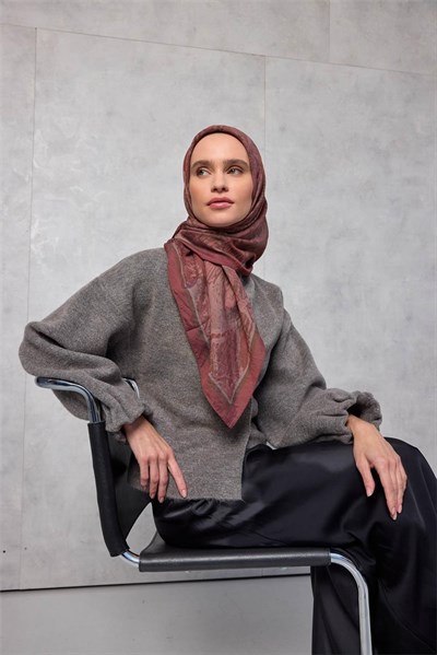 Viskon Velora Eşarp Dört Mevsim Karma Desen Kiremit Bordo 90x90