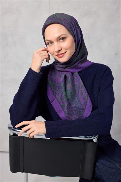 Viskon Velora Eşarp Dört Mevsim Karma Desen Menekşe 90x90