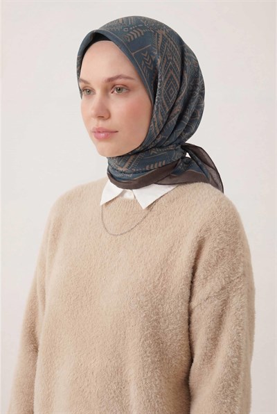 Viskon Velora Eşarp Dört Mevsim Kilim Desen Petrol Mavisi 90X90