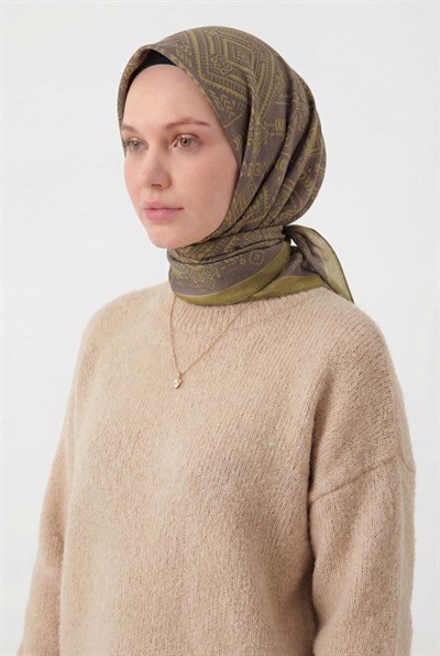 Viskon Velora Eşarp Dört Mevsim Kilim Desen Hardal 90X90