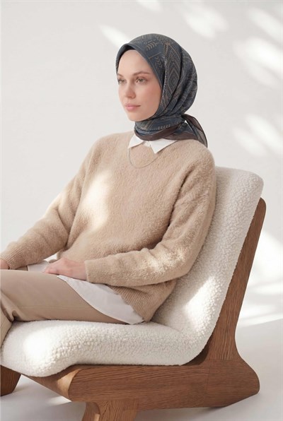 Viskon Velora Eşarp Dört Mevsim Kilim Desen Petrol Mavisi 90X90
