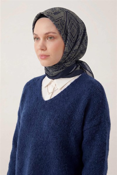 Viskon Velora Eşarp Dört Mevsim Kilim Desen Haki 90X90