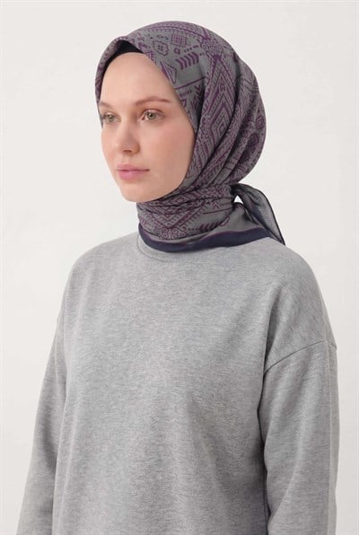 Viskon Velora Eşarp Dört Mevsim Kilim Desen Gri Siyah 90X90