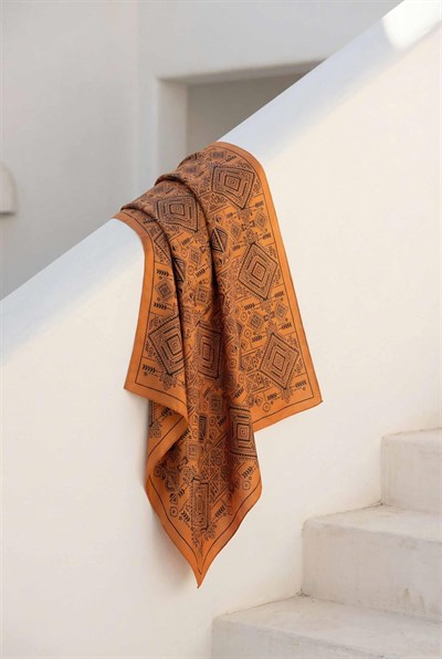Viskon Velora Eşarp Dört Mevsim Kilim Desen Turuncu 90X90