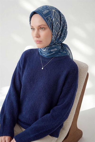 Viskon Velora Eşarp Dört Mevsim Kilim Desen Dumanlı Mavi 90X90