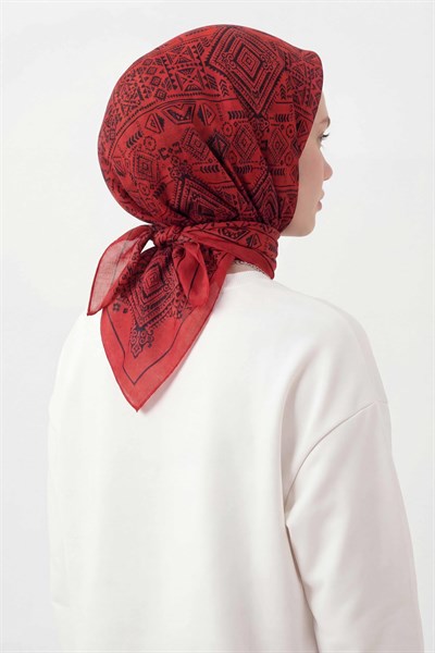 Viskon Velora Eşarp Dört Mevsim Kilim Desen Kırmızı 90X90
