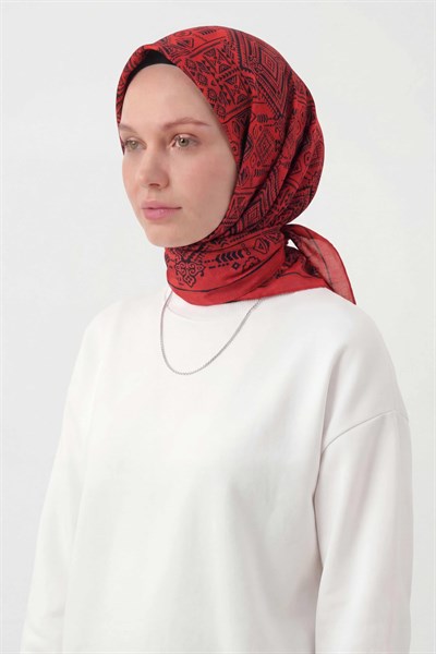 Viskon Velora Eşarp Dört Mevsim Kilim Desen Kırmızı 90X90