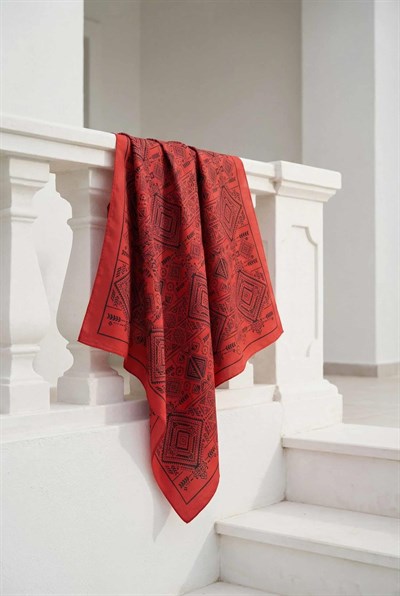 Viskon Velora Eşarp Dört Mevsim Kilim Desen Kırmızı 90X90