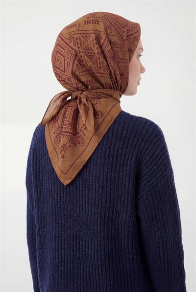 Viskon Velora Eşarp Dört Mevsim Kilim Desen Tarçın 90X90