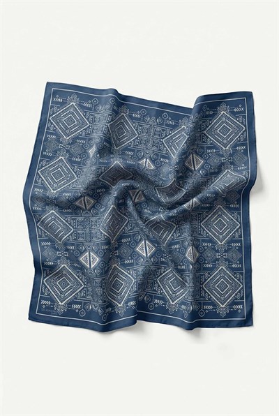 Viskon Velora Eşarp Dört Mevsim Kilim Desen Dumanlı Mavi 90X90