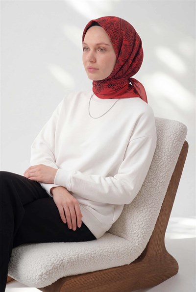 Viskon Velora Eşarp Dört Mevsim Kilim Desen Kırmızı 90X90