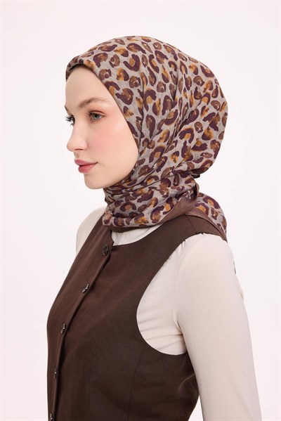 Viskon Velora Eşarp Dört Mevsim Leopar Desen Kahverengi 90X90