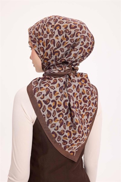 Viskon Velora Eşarp Dört Mevsim Leopar Desen Kahverengi 90X90