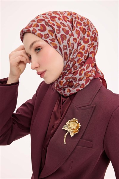 Viskon Velora Eşarp Dört Mevsim Leopar Desen Kiremit Kırmızı 90X90
