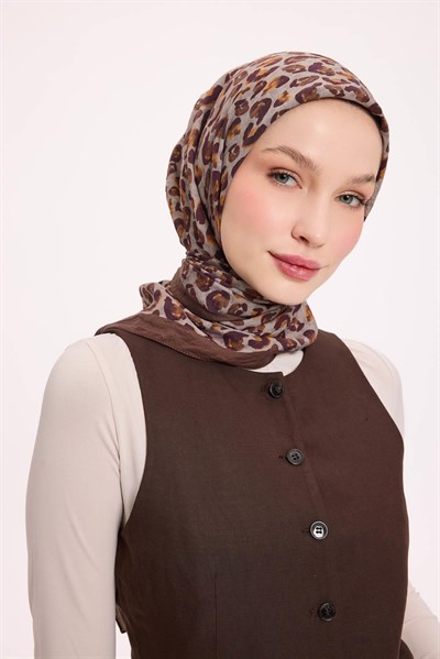 Viskon Velora Eşarp Dört Mevsim Leopar Desen Kahverengi 90X90