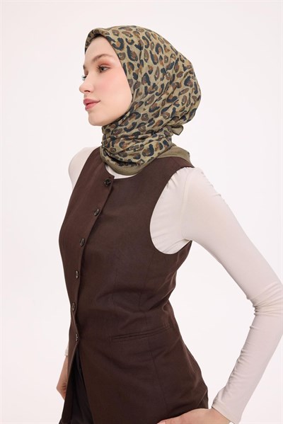 Viskon Velora Eşarp Dört Mevsim Leopar Desen Asker Yeşili 90X90