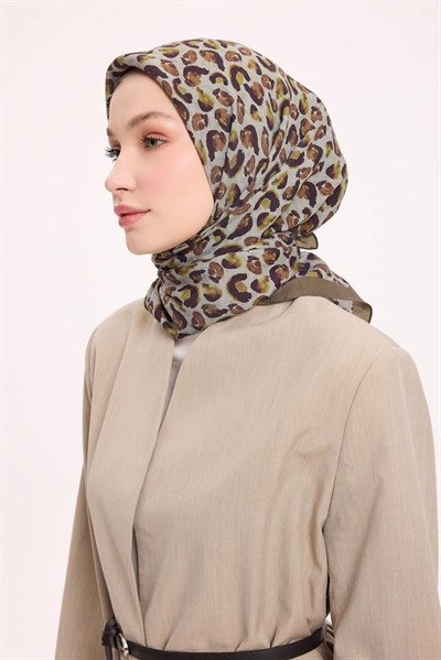 Viskon Velora Eşarp Dört Mevsim Leopar Desen Haki 90X90