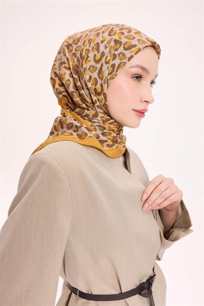 Viskon Velora Eşarp Dört Mevsim Leopar Desen Hardal 90X90
