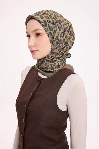 Viskon Velora Eşarp Dört Mevsim Leopar Desen Asker Yeşili 90X90