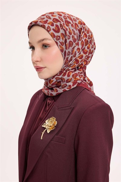 Viskon Velora Eşarp Dört Mevsim Leopar Desen Kiremit Kırmızı 90X90