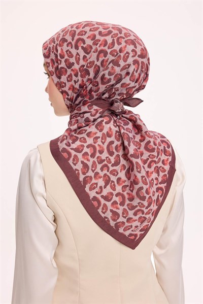 Viskon Velora Eşarp Dört Mevsim Leopar Desen Koyu Gül Kurusu 90X90