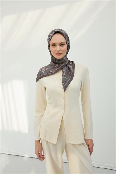 Viskon Velora Eşarp Füme-Gümüş Desenli Kaymaz Tok Duruşlu 90x90
