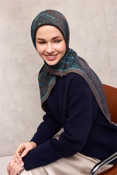 Viskon Velora Eşarp Gri Antik Desenli Tok Duruşlu 90x90