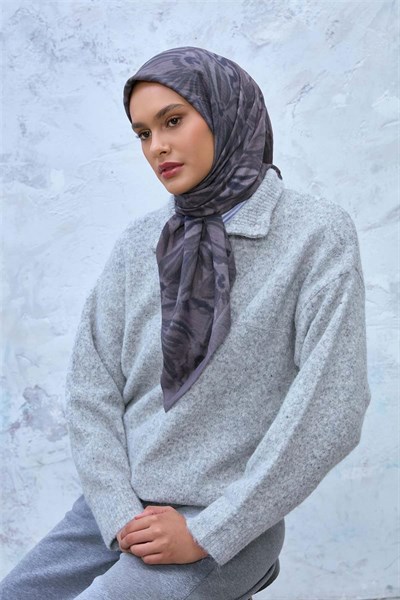 Viskon Velora Eşarp Gri-Füme-Antrasit Desenli Kaymaz Dokulu Tok Duruşlu 90x90
