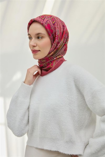 Viskon Velora Eşarp Gül Pembe Çok Renkli Desenli Tok Duruşlu 90x90