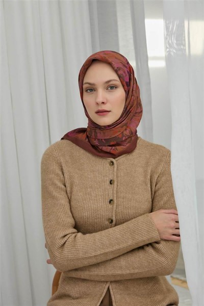 Viskon Velora Eşarp Kahverengi Desenli Tok Duruşlu Dört Mevsim 90x90