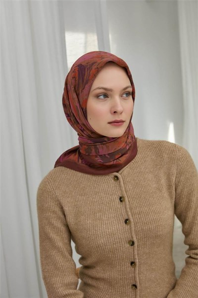 Viskon Velora Eşarp Kahverengi Desenli Tok Duruşlu Dört Mevsim 90x90