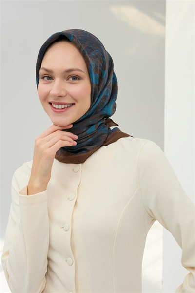 Viskon Velora Eşarp Kahverengi Lacivert Gök Mavi Desenli Yumuşak Dokulu Tok Duruşlu 90x90