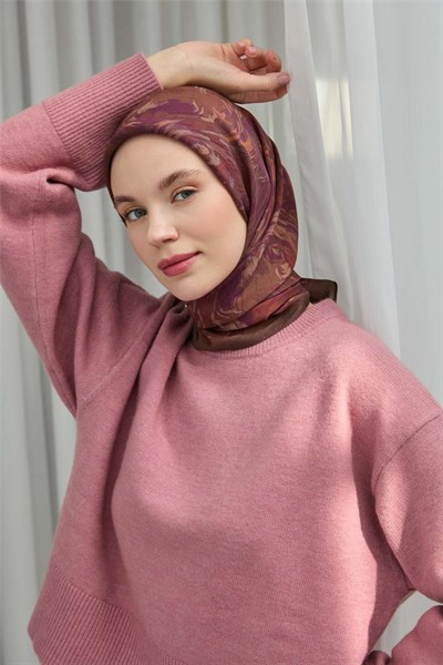 Viskon Velora Eşarp Kahverengi Mürdüm Desenli Yumuşak Dokulu Tok Duruşlu 90x90