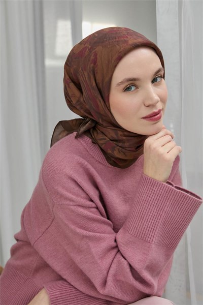 Viskon Velora Eşarp Kahverengi Vişne Çürüğü Desenli Yumuşak Dokulu Tok Duruşlu 90x90