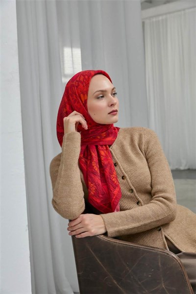 Viskon Velora Eşarp Kırmızı Nar Çiçeği Desenli Tok Duruşlu Dört Mevsim 90x90