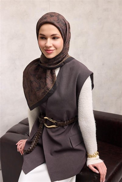 Viskon Velora Eşarp Koyu Espresso Tonlu Barok Floral Desenli Tok Duruşlu 90x90