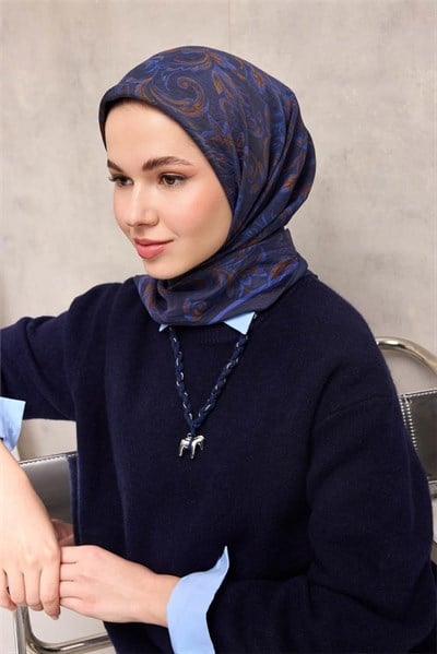 Viskon Velora Eşarp Koyu Lacivert Tonlu Barok Floral Desenli Tok Duruşlu 90x90