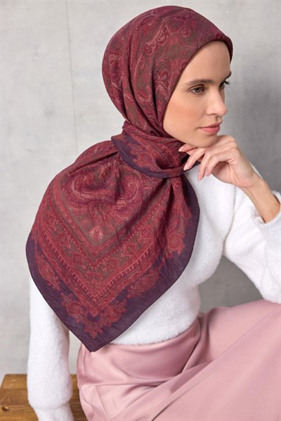 Viskon Velora Eşarp Koyu Mor Desenli Dört Mevsim Hafif 90x90