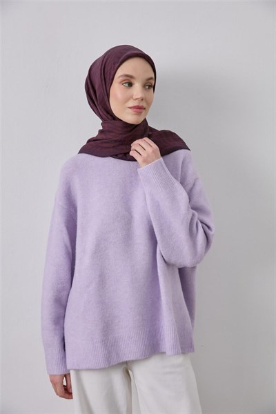 Viskon Velora Eşarp Koyu Mor Kızıl Kahve Çizgili Hafif Dökümlü 90x90