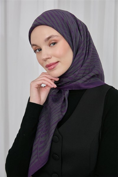 Viskon Velora Eşarp Koyu Mor Küf Yeşili Çizgili Hafif Dökümlü 90x90